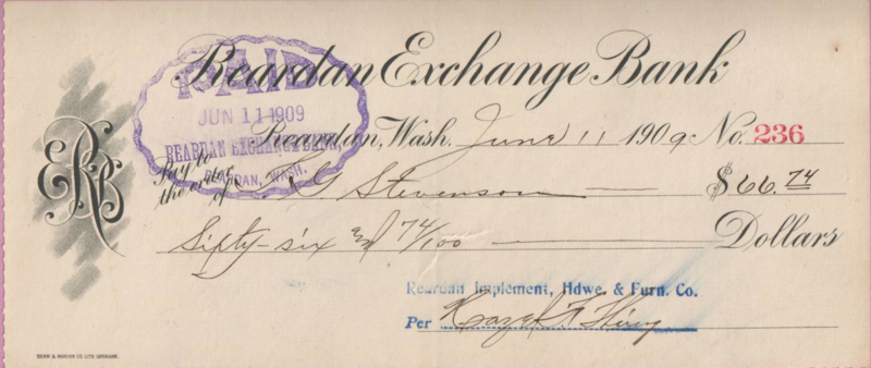File:1909-rml-0115a-reardan-exchange-bank-check-reardan-implement-hardware-and-furn-to-tg-stevenson.png