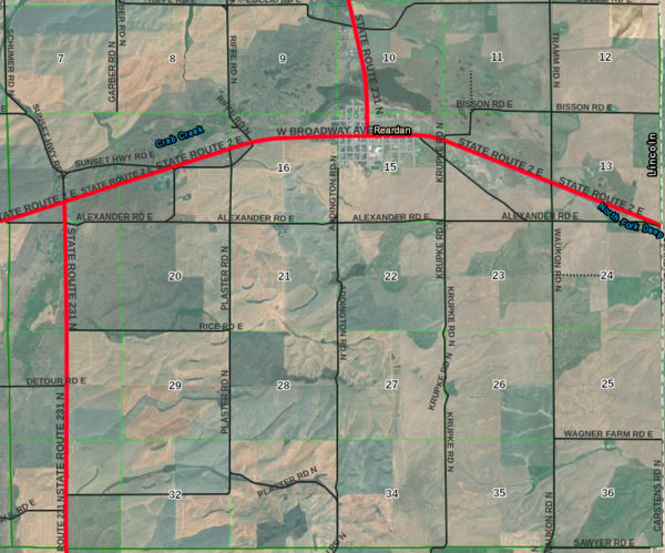 Aerial view of part of township 25 north range 39 east Williamette meridian.