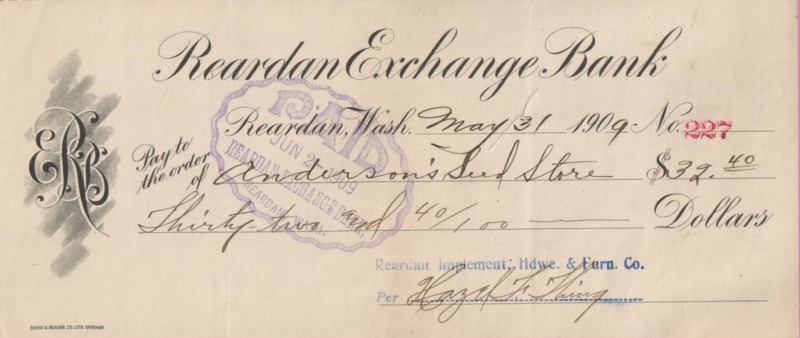 File:1909-rml-0115b-reardan-exchange-bank-check-reardan-implement-hardware-and-furn-to-andersons-seed-co.png